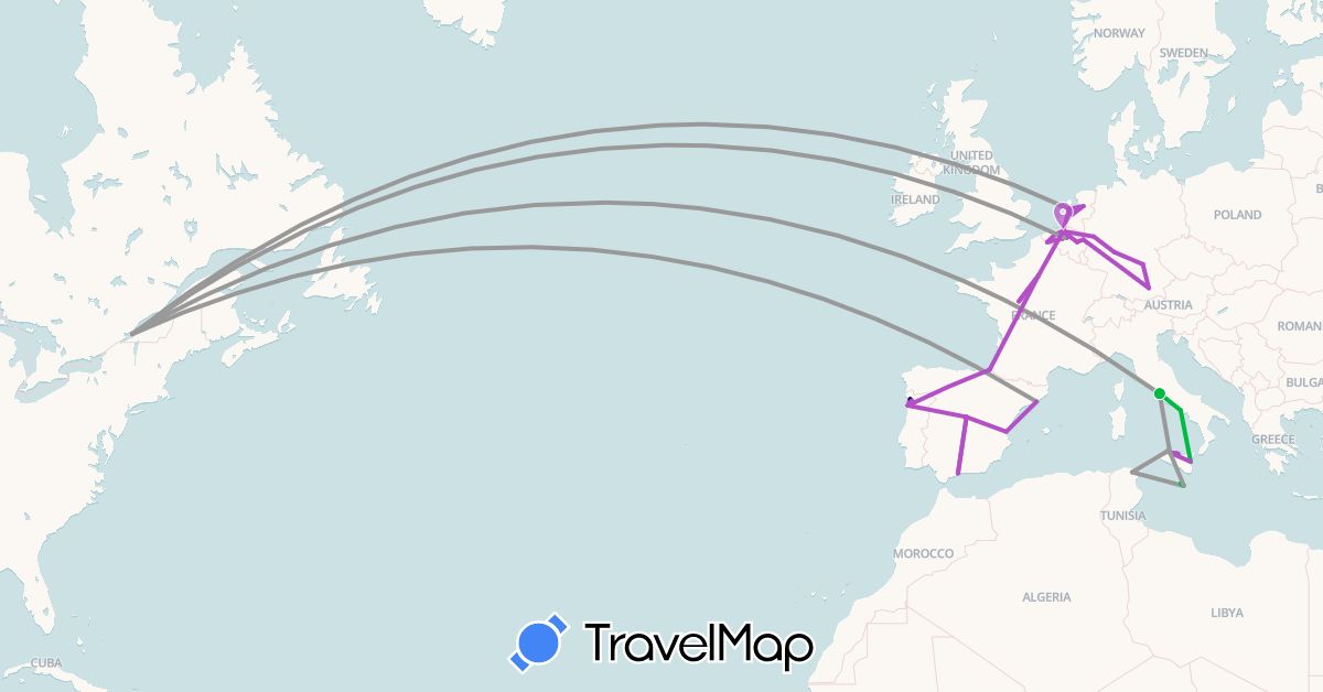 TravelMap itinerary: driving, bus, plane, train, boat in Belgium, Canada, Germany, Spain, France, Italy, Malta, Netherlands, Portugal, Tunisia (Africa, Europe, North America)