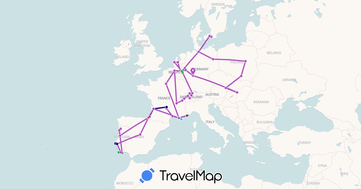 TravelMap itinerary: driving, bus, train, hiking, boat, motorbike in Austria, Belgium, Switzerland, Germany, Denmark, Spain, France, Hungary, Monaco, Netherlands, Poland, Portugal, Sweden (Europe)